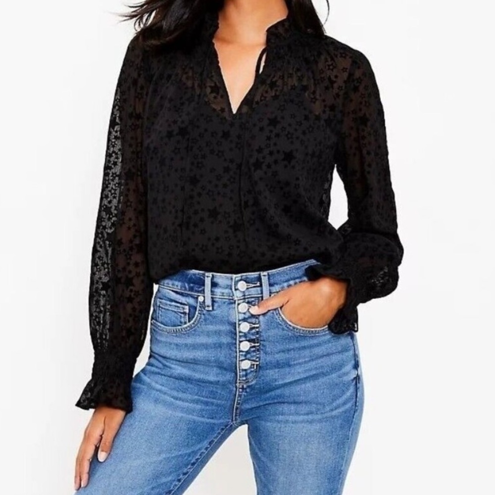 Loft Black Star Ruffle Tie Neck Blouse Small NWT